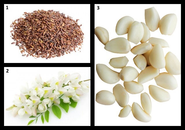 березовые почки, чеснок, цветы белой акации